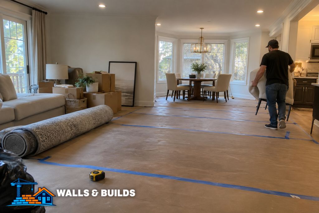 Living room during renovation with cardboard boxes and rolled carpet on the floor, blue protective tape marking a work area, a person walking near the kitchen, and a dining table by large windows.