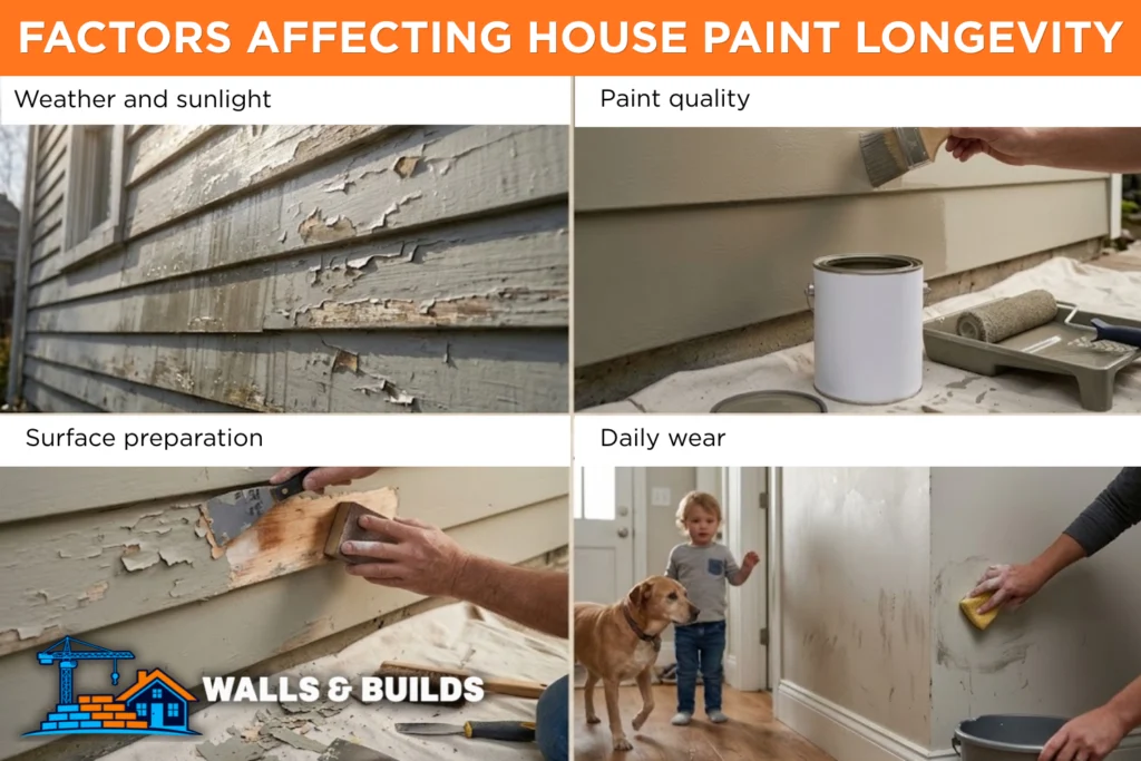 A four-panel collage illustrating what affects paint lifespan: weather-damaged peeling siding, a hand applying fresh exterior paint, hands scraping and sanding wood for surface preparation, and a person scrubbing scuff marks off an interior wall near a dog and a toddler.