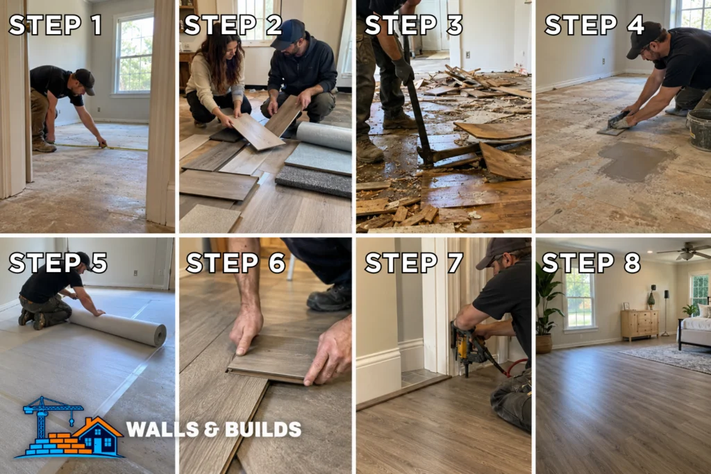 Collage of workers installing wood flooring in a bright empty room, cutting and laying planks, rolling out underlayment, and smoothing boards across the subfloor.