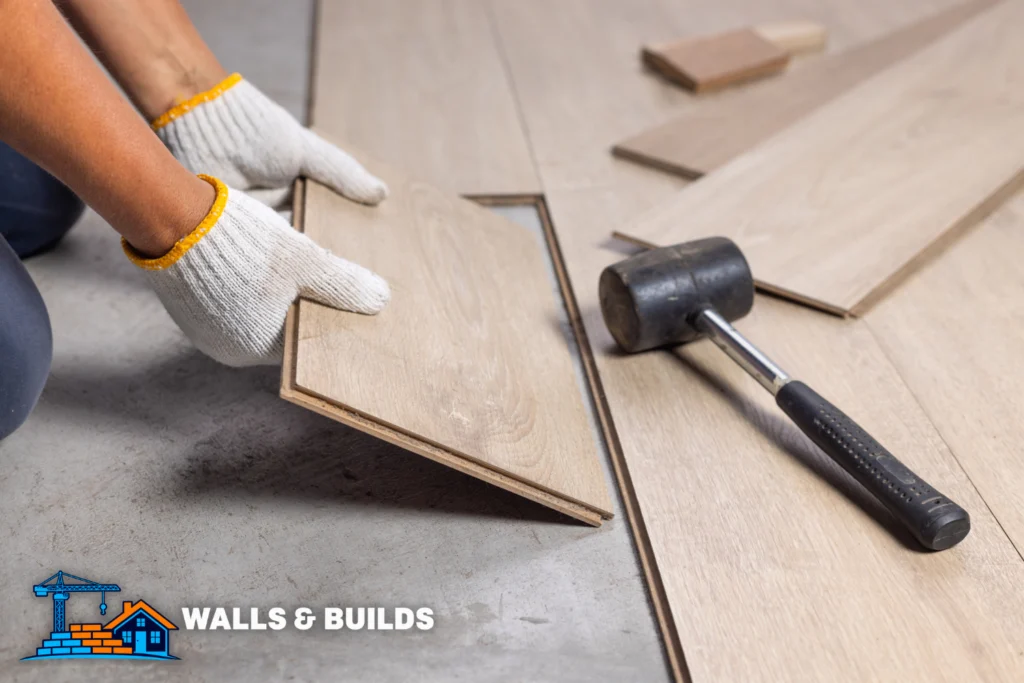 Gloved hands place a wooden floor plank along a tile-like seam while a rubber mallet rests nearby on the light wood boards.