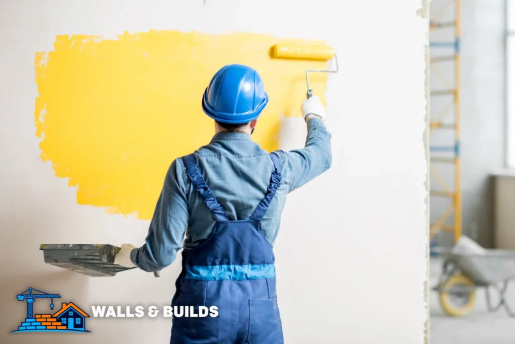 A construction worker in a blue helmet and overalls brushes yellow paint onto a wall, with rollers and paint tools nearby, while the background shows a bright room with windows and ladders.