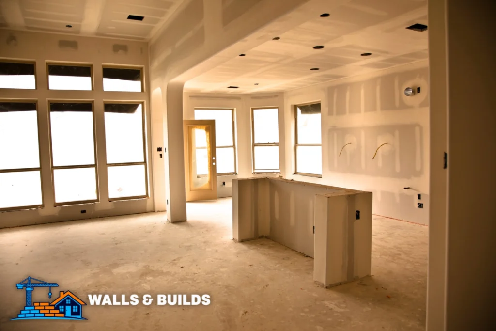 Bright unfinished interior room with large windows, white walls and arched ceiling, recessed lights, and cardboard-covered work areas and base cabinets awaiting installation.