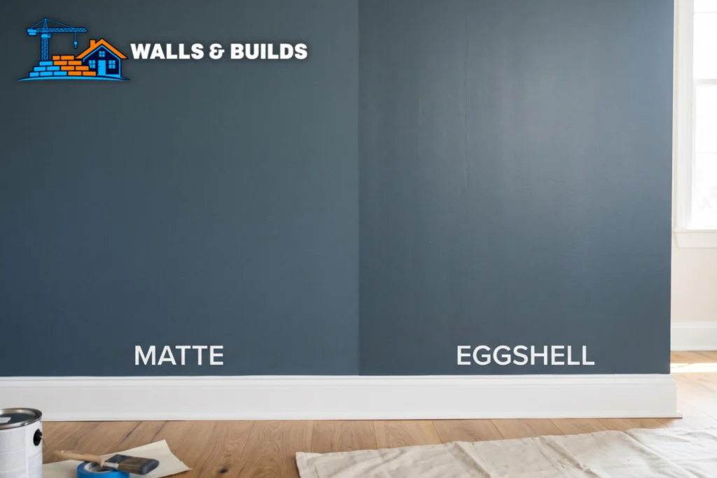 Side-by-side visual comparison of matte and eggshell paint finishes on a blue interior wall.