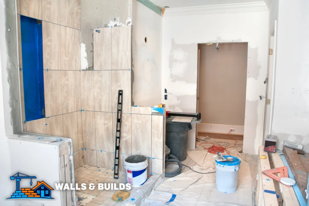 Renovation room with tiled walls and floor in progress, exposed plumbing and tools, two paint buckets on the floor, and a partially finished doorway leading to a dim back room.