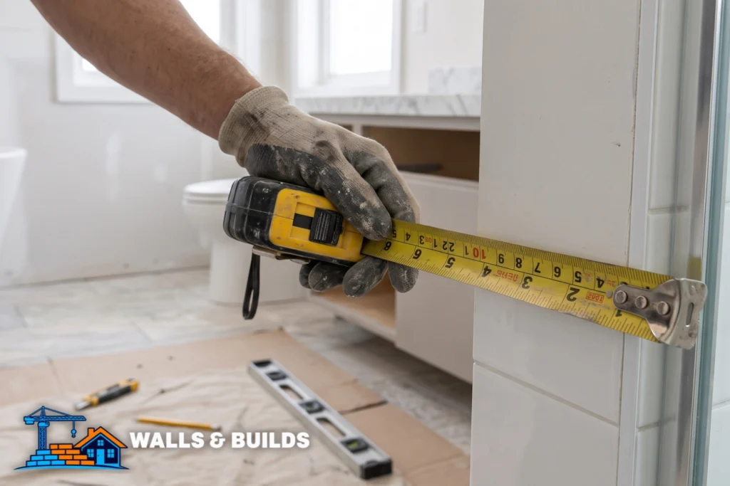 A close-up of a construction worker's gloved hands holding a yellow tape measure against a white tiled wall in a partially finished bathroom.