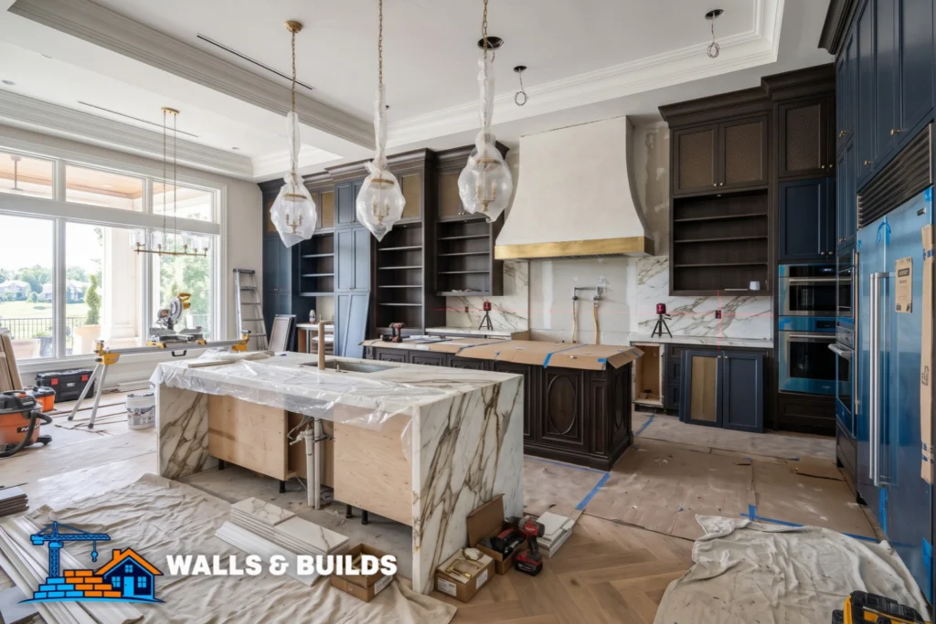 An expansive luxury kitchen mid-renovation, featuring dual islands with thick marble countertops, dark custom cabinetry, a massive range hood with gold trim, plastic-wrapped pendant lights, large windows, and construction tools scattered across herringbone wood floors.